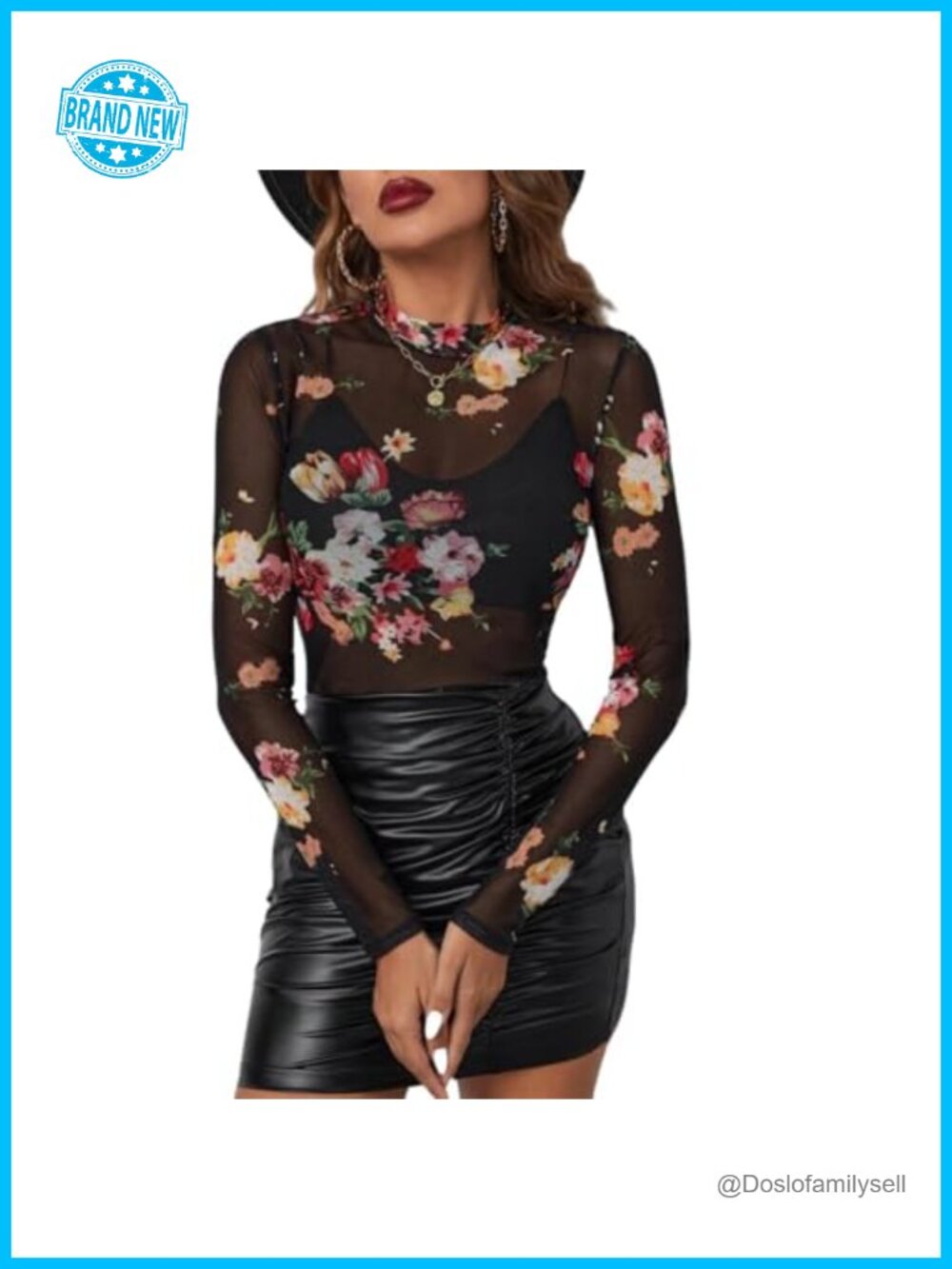 Lace Mesh Long Sleeve Top Floral See Through Mock Neck Blouse